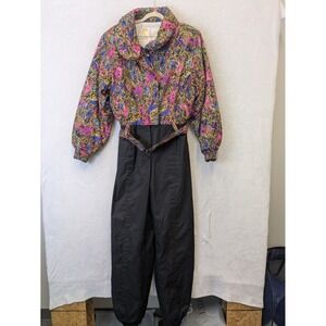 Skea Vintage 80's One Piece Ski Suit Women's Size 12 Black Neon Abstract Print